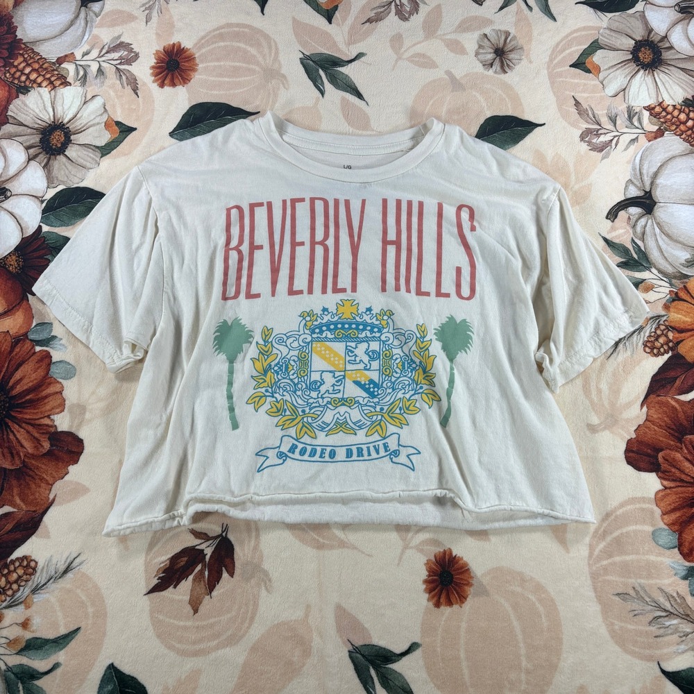 Beverly Hills Rodeo Drive Crest Palm Tree Graphic Crop Tee Womens Cream Large